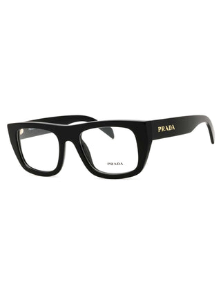 Prada 0PR A17V acetate Rectangular Men's Eyeglasses featuring a bold black frame and designer branding.