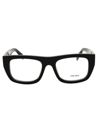Prada 0PR A17V acetate Rectangular Men's Eyeglasses front view showcasing black frame and designer branding.