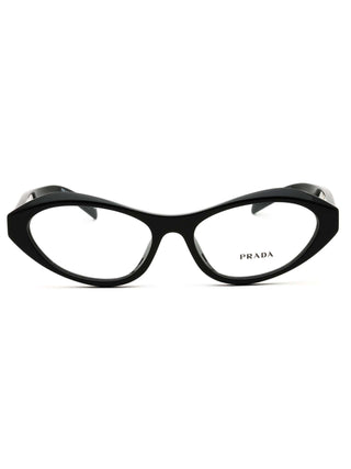 Prada 0PR A21V acetate Cat eye Women's Eyeglasses in black, stylish front view with Prada logo.