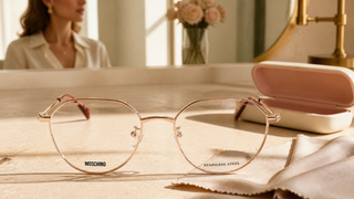 Moschino MOS564/F gold-copper stainless-steel eyeglasses with clear demo lenses on a travertine vanity