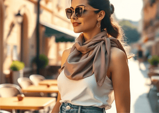 Retro Met Classics Revived: Embracing the Vintage Eyewear Trend of Summer 2025, woman wearing stylish sunglasses and scarf.