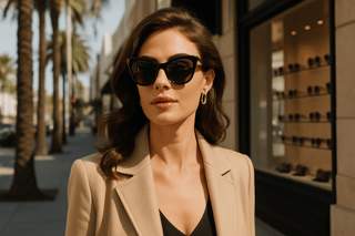 Designer Eyewear Without the Designer Price Tag: Shop Smart & Stylish - woman in stylish sunglasses on a sunny street.