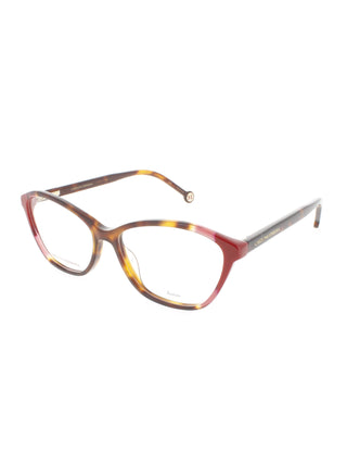 Carolina Herrera Her 0122 eyeglasses featuring a sleek, black acetate cat-eye frame with signature branding.