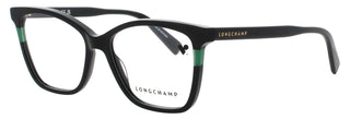 Longchamp LO2741N women's acetate eyeglasses featuring a stylish black design with vibrant green accents.