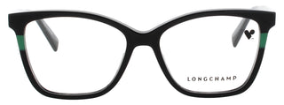 Longchamp LO2741N women's acetate eyeglasses in black demo, stylish cat-eye frame with green accents.