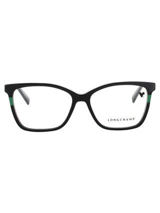 Longchamp LO2741N women's acetate eyeglasses in black with green accents and designer logo on frame.