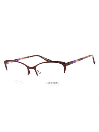 Adensco AD 241 eyeglasses with matte plum frames, clear demo lenses, and a rectangular design.