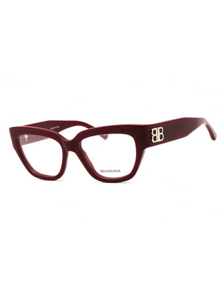 Balenciaga BB0326O eyeglasses with burgundy and transparent frames, 53mm lens width.