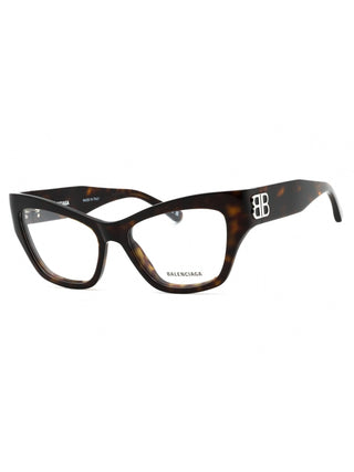 Balenciaga BB0362O Havana/Transparent eyeglasses, 54mm, with a full-rim square frame and subtle branding.