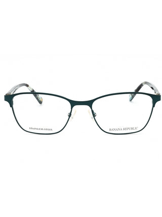 Banana Republic CAMILA eyeglasses: black full-rim frames with subtle cat-eye shape, silver temple accents.