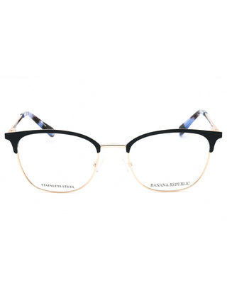 Banana Republic Isadora women's eyeglasses with clear, rectangular frames and silver accents.