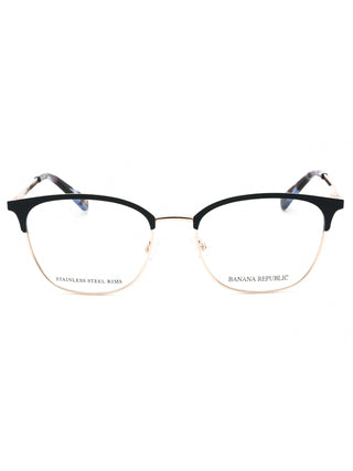 Banana Republic Isadora women's eyeglasses with clear, rectangular frames and silver accents.