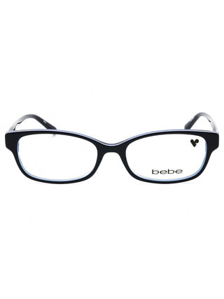 Bebe BB5183 women's black full-rim cat-eye eyeglasses with silver temple accents.