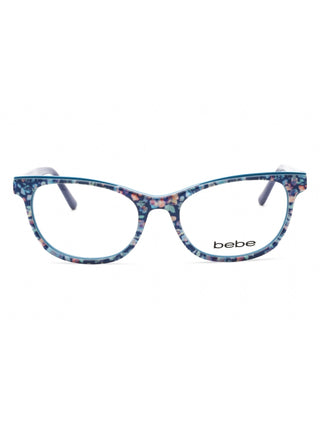 Bebe BB5198 women's black full-rim cat-eye eyeglasses with silver temple accents.