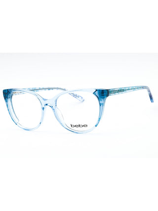 Bebe BB5208 women's eyeglasses with blue animal print frames and clear demo lenses.