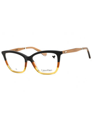 Calvin Klein CK23545 eyeglasses in dark brown, brown, and caramel with clear demo lenses.