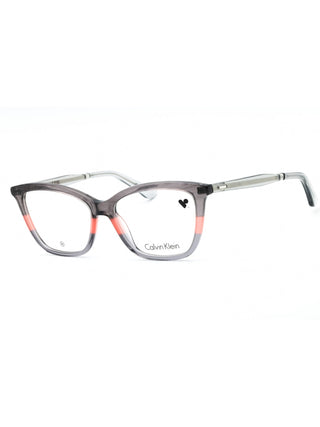 Calvin Klein CK23545 eyeglasses with striped grey and coral frames, clear demo lenses, and a modern rectangular design.
