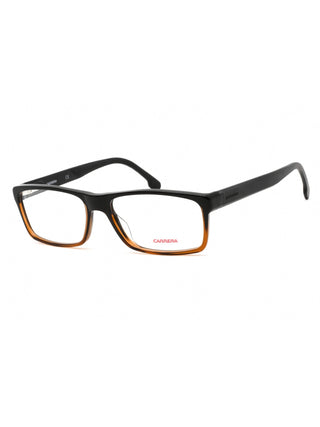 Carrera 8852 eyeglasses featuring a sleek black rectangular frame with signature red temple accents.