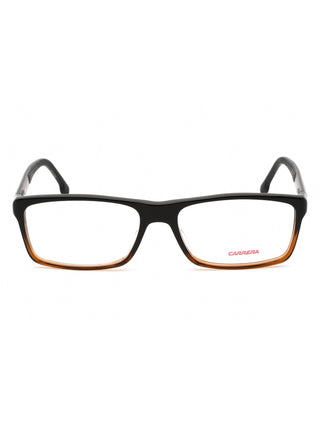 Carrera 8852 eyeglasses featuring a sleek black rectangular frame with signature red temple detailing.