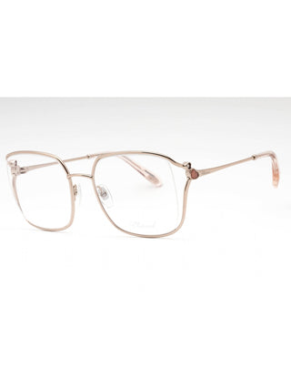 Chopard VCHG29S eyeglasses featuring a sleek gold metal frame with elegant temple detailing and a classic rectangular shape.