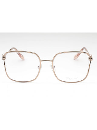 Chopard VCHG29S eyeglasses featuring a sleek gold metal frame with elegant temple detailing and a classic rectangular shape.