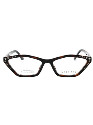 Guess by Marciano GM50002 oval eyeglasses with a shiny black frame and silver accents.