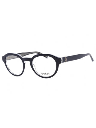 Guess GU50083 blue round eyeglasses with clear demo lenses, 50mm size.
