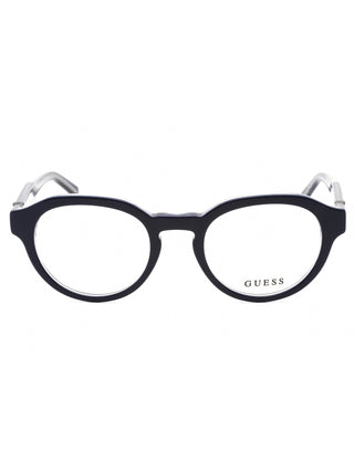 Guess GU50083 women's full-rim eyeglasses with a shiny black rectangular frame and silver temple accents.