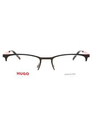 Matte black HUGO HG 1019 eyeglasses with clear demo lenses, showcasing a sleek, modern frame design.