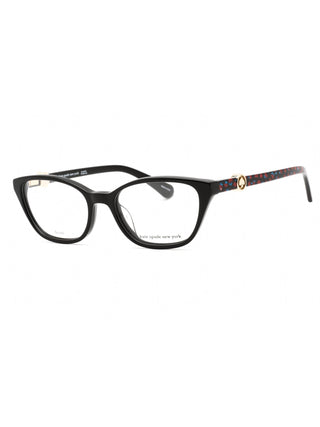 Kate Spade Emmalee black full-rim cat-eye eyeglasses with gold accents.