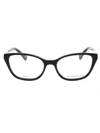 Kate Spade Emmalee black full-rim cat-eye eyeglasses with gold accents.