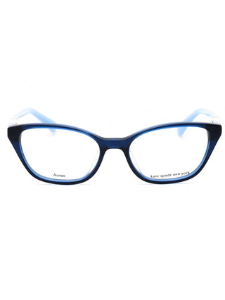 Kate Spade Emmalee black full-rim cat-eye eyeglasses with gold accents.