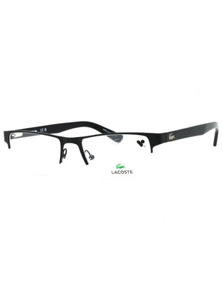 Matte black Lacoste L2237 eyeglasses with clear demo lenses, featuring a sleek rectangular frame.