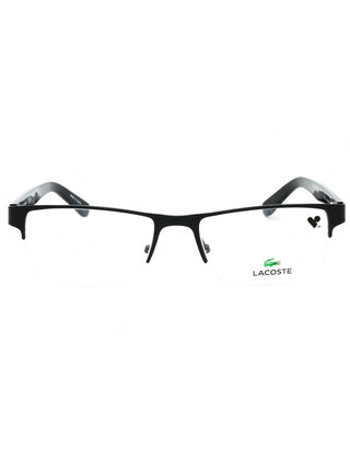 Matte black Lacoste L2237 eyeglasses with clear demo lenses, featuring a classic rectangular frame.