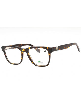 Lacoste L2932 eyeglasses in dark Havana, full-rim square frame with clear demo lenses.
