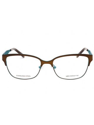 Liz Claiborne L 643 women's eyeglasses with a semi-rimless, rectangular silver frame and black temples.