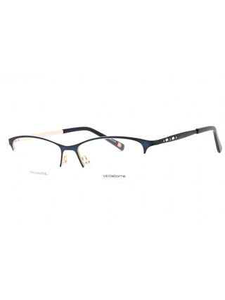 Liz Claiborne L 654 navy eyeglasses with clear lenses, featuring a rectangular frame and silver temple accents.
