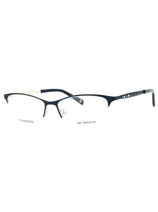 Liz Claiborne L 654 eyeglasses with a semi-transparent navy frame and clear demo lenses.