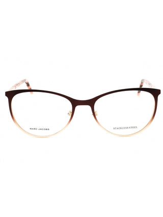 Marc Jacobs MARC 708 oval eyeglasses featuring a sleek black acetate frame with signature gold-tone temple branding.