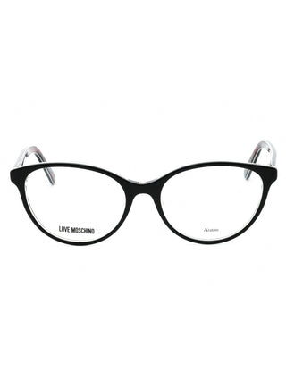 Moschino Love MOL525 oval eyeglasses with black frames and gold accents.