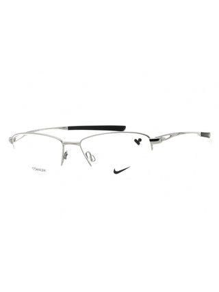 Nike 6045 black eyeglasses with clear demo lenses, sleek rectangular frame.