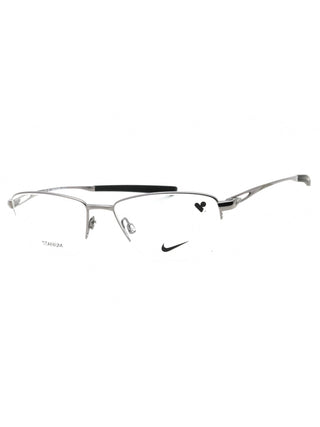 Nike 6045 eyeglasses with gunmetal frames, clear demo lenses, and a classic rectangular design.