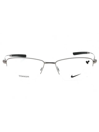 Nike 6045 black eyeglasses with clear demo lenses, featuring a sleek, rectangular frame.