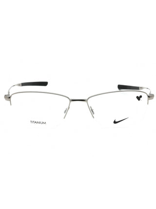 Nike 6045 black eyeglasses with clear demo lenses, sleek rectangular frame.