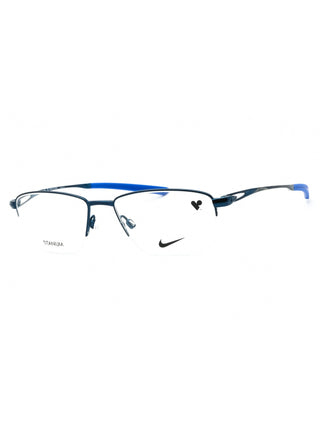Nike 6045 eyeglasses with Satin Navy frame, clear demo lenses, and rectangular design.