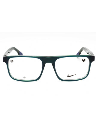 Nike 7161 eyeglasses in black, featuring a sleek rectangular frame and clear demo lenses.