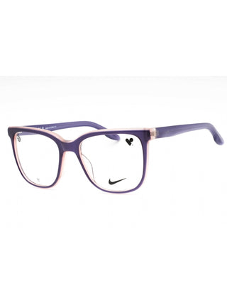 Nike 7166 eyeglasses in milky grape laminate, featuring a rectangular frame and clear demo lenses.
