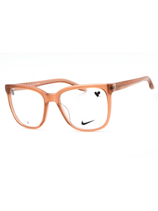 Nike 7166 eyeglasses in milky warm sand laminate with clear demo lenses, size 53-18-140.