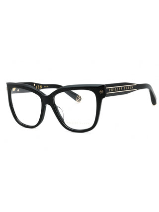 Philipp Plein VPP051M eyeglasses featuring a sleek black acetate frame with signature silver logo detailing.