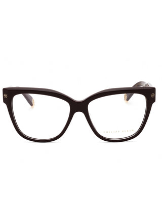 Philipp Plein VPP051M eyeglasses featuring a sleek black acetate frame with signature metallic logo detailing.